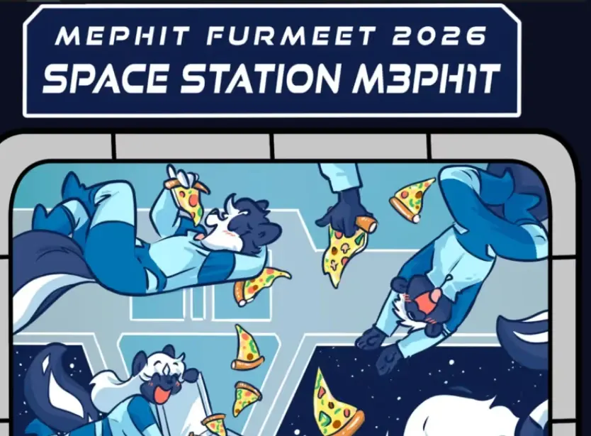 Mephit Fur Meet 2026 Space Station M3PH1T promotional illustration showing blue-and-white furry astronauts floating with pizza inside a space station.