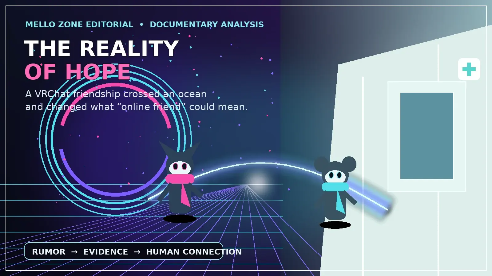Two adult VR avatars beside a luminous bridge connecting a virtual gathering place with a hospital corridor.