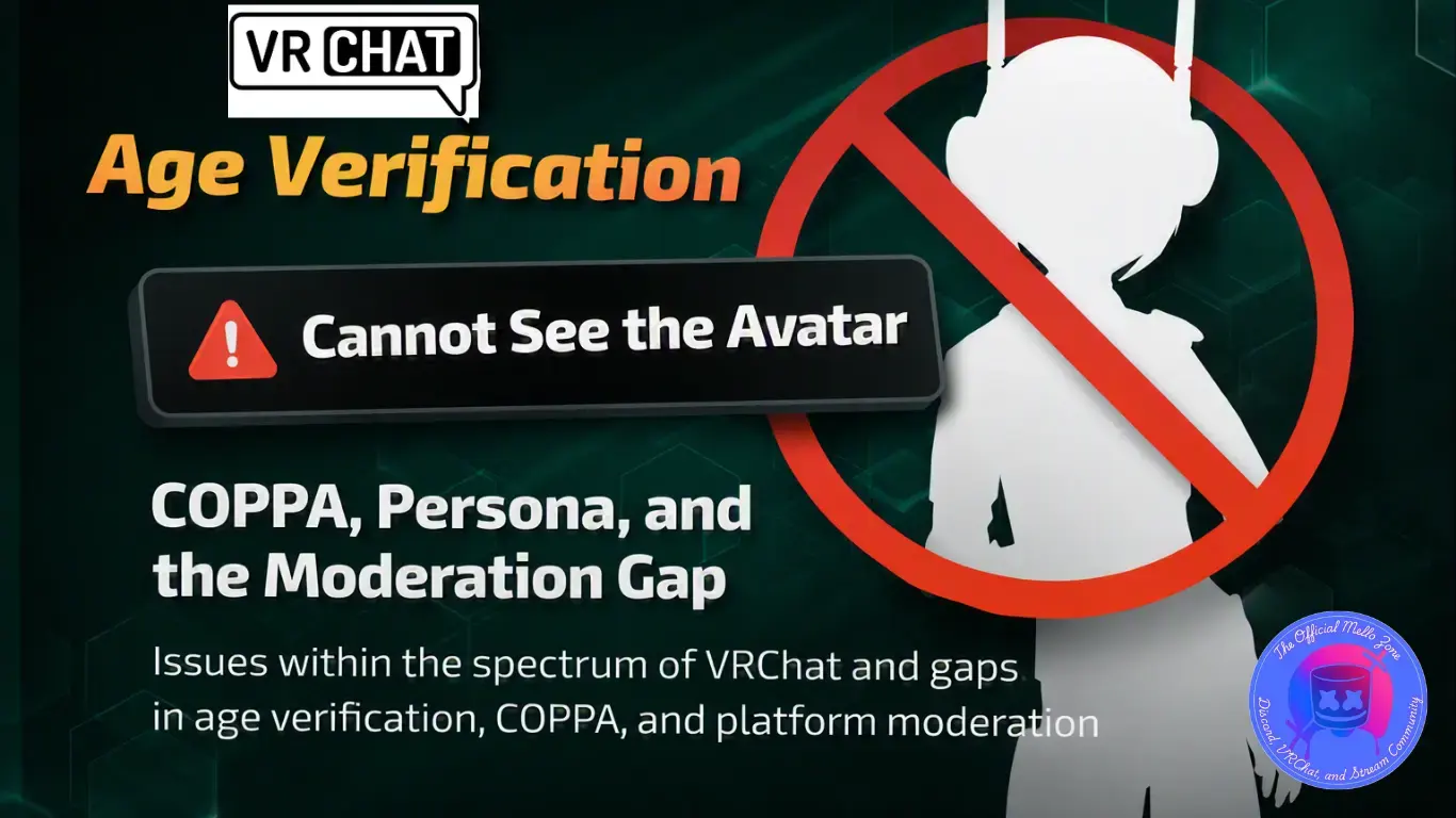 An anonymous virtual-reality avatar facing an adult-access gateway while an ID card, privacy shield, content label, and moderation alert float nearby.