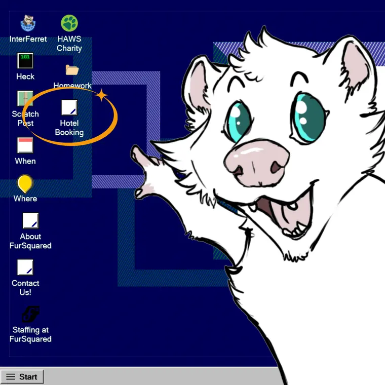 Image of a white anthro ferret pointing at Fursquared hotel registration on their website