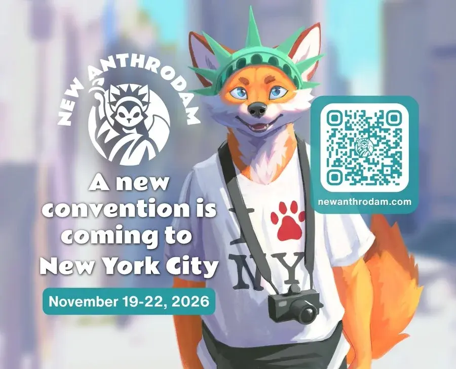Adult furry convention attendees arriving outside a Brooklyn hotel near subway signs, with accessibility and travel-planning symbols.