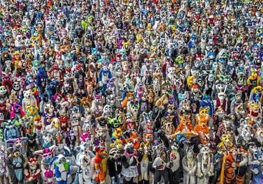 Furry convention attendees checking a colorful international event calendar before traveling.