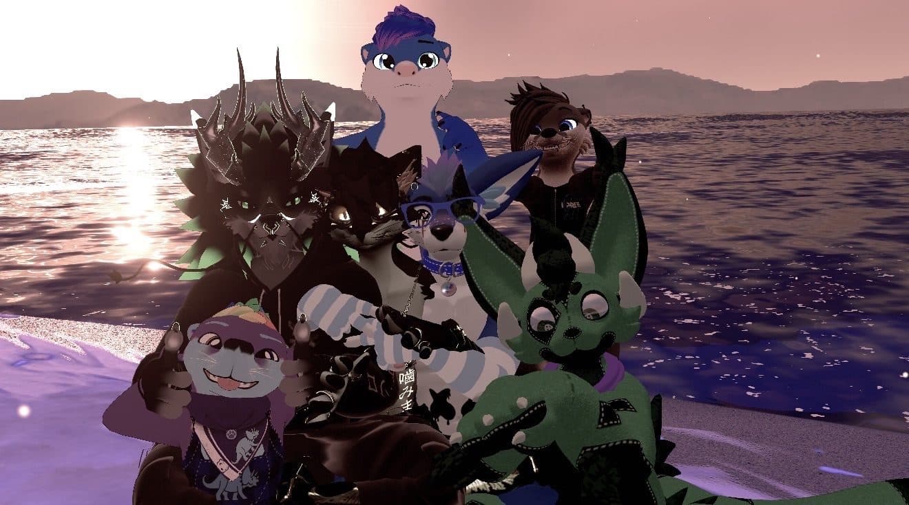 Adult LGBTQ furry community members together in VRChat, representing affirming connection