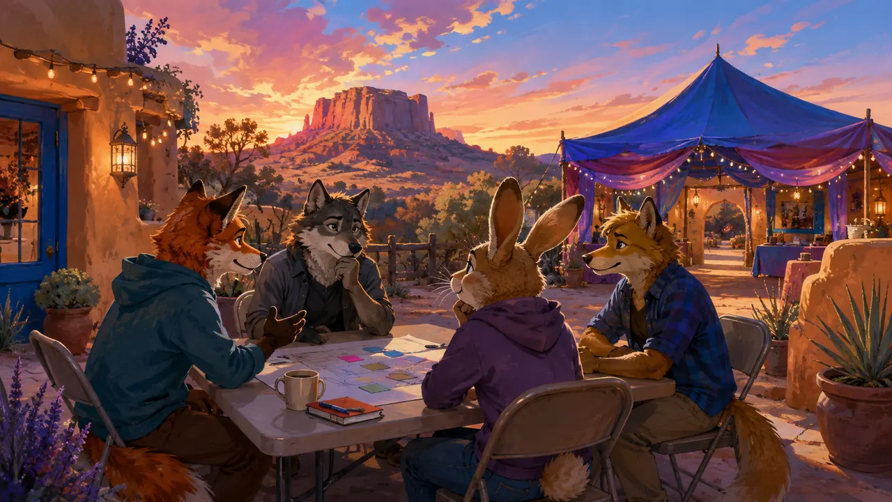 Illustrated anthro friends planning a local meetup in a New Mexico courtyard.