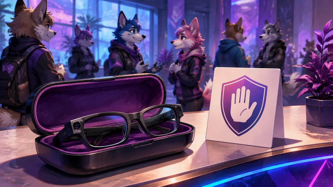 Camera glasses beside a privacy shield at an illustrated convention desk.