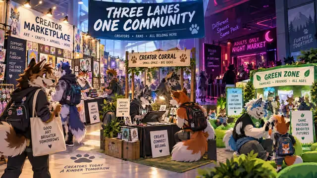 Illustrated furry convention creator market divided into a general marketplace, a small creator corral, an all-ages green zone, and a separate adult night market.