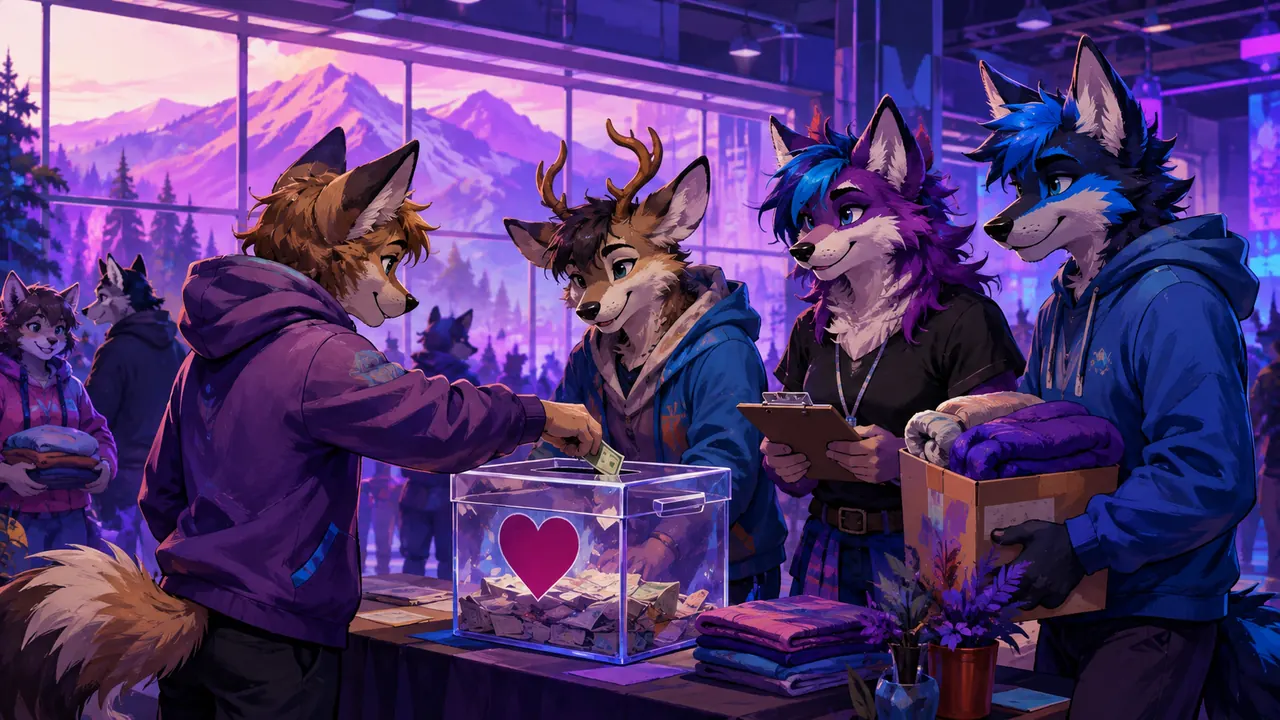 Illustrated convention volunteers at a charity table with mountains in the distance.