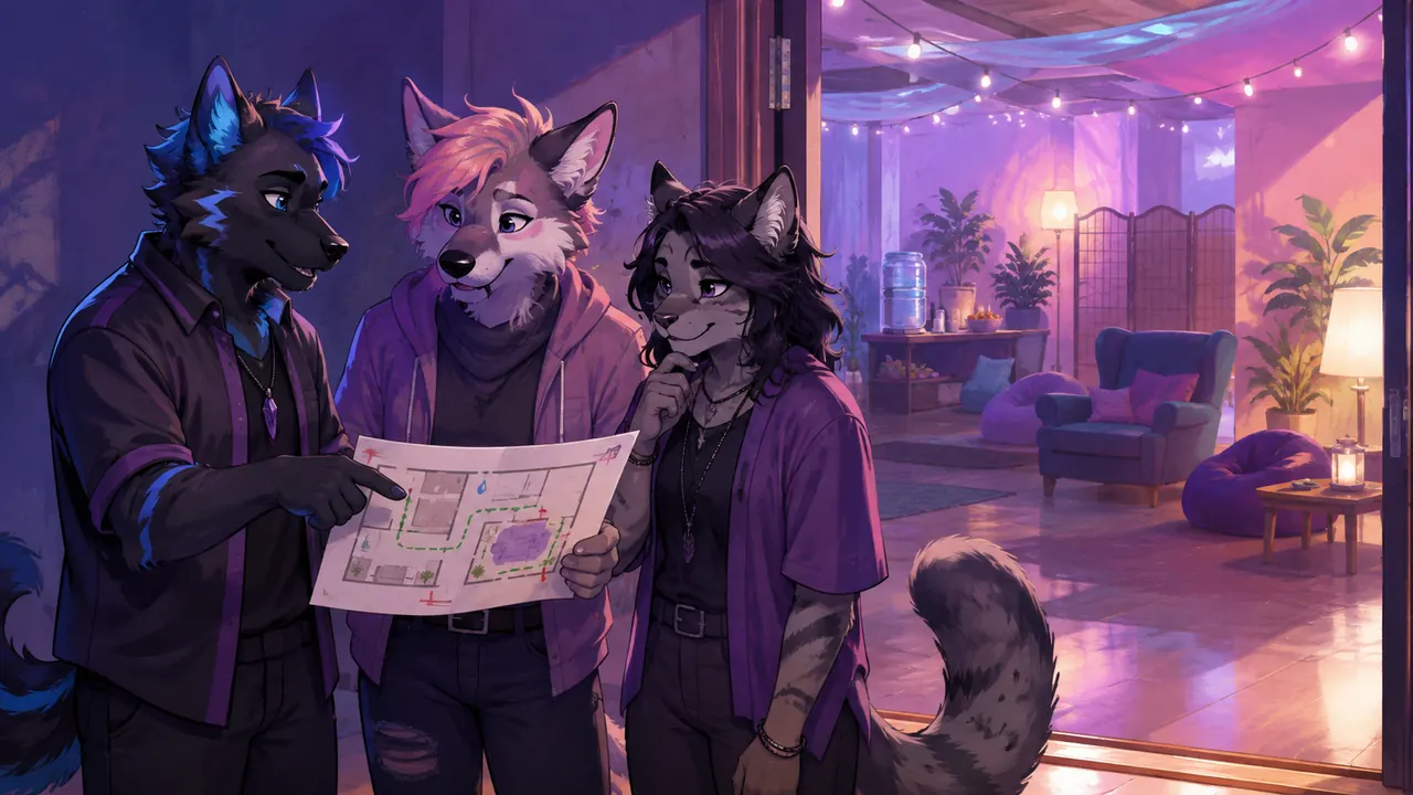Illustrated adult community hosts reviewing a venue plan beside a quiet seating area.