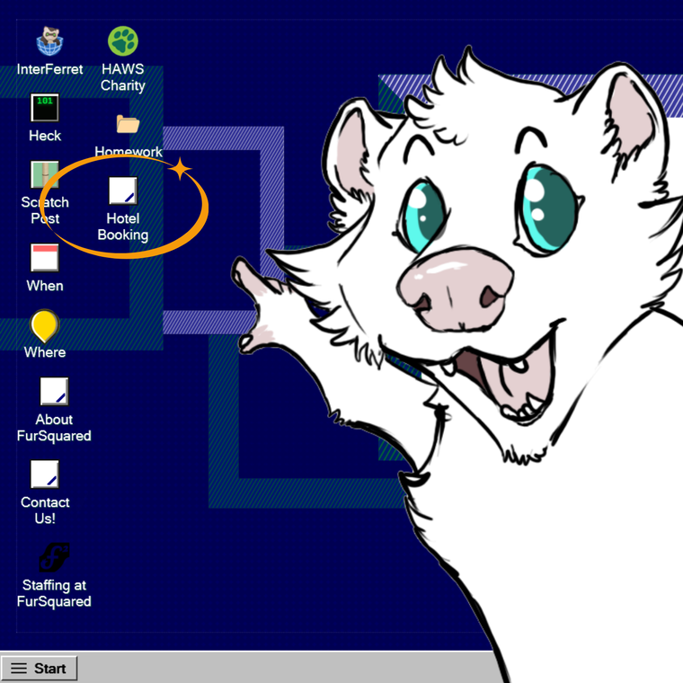 Image of a white anthro ferret pointing at Fursquared hotel registration on their website