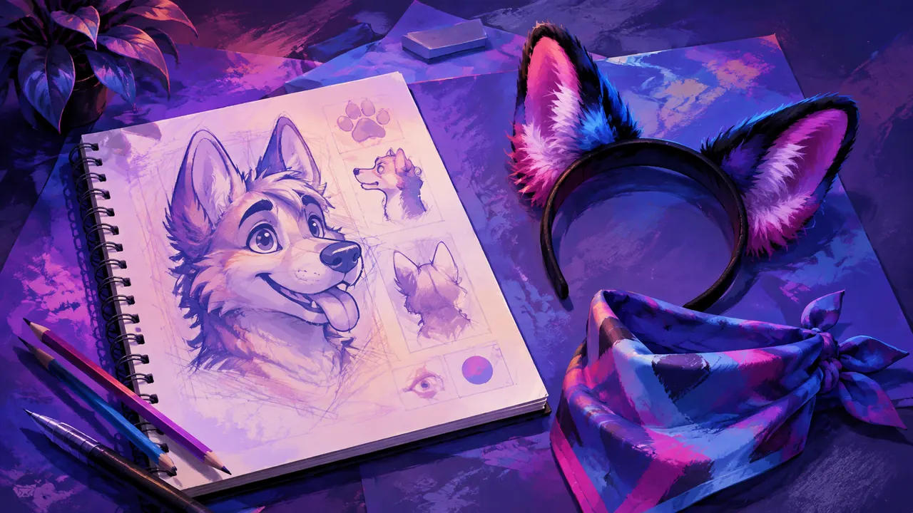 Illustrated canine identity sketch, costume ears and bandana as distinct expression choices.
