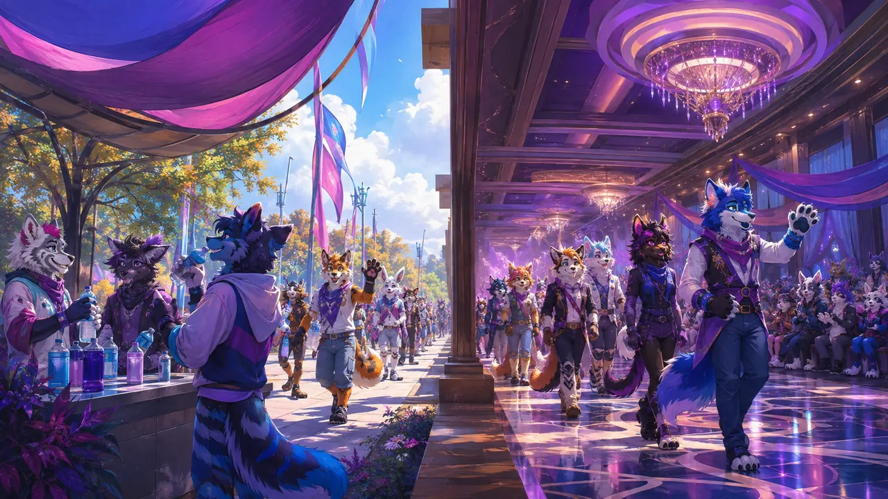 Illustrated outdoor and indoor fursuit parade settings with shade and rest areas.