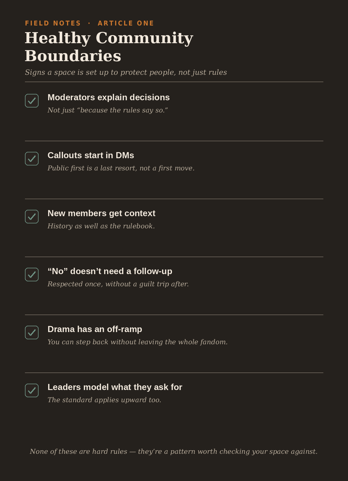 A checklist for healthy furry community friendship, including privacy, direct communication, boundaries, independent relationships, and behavior change.