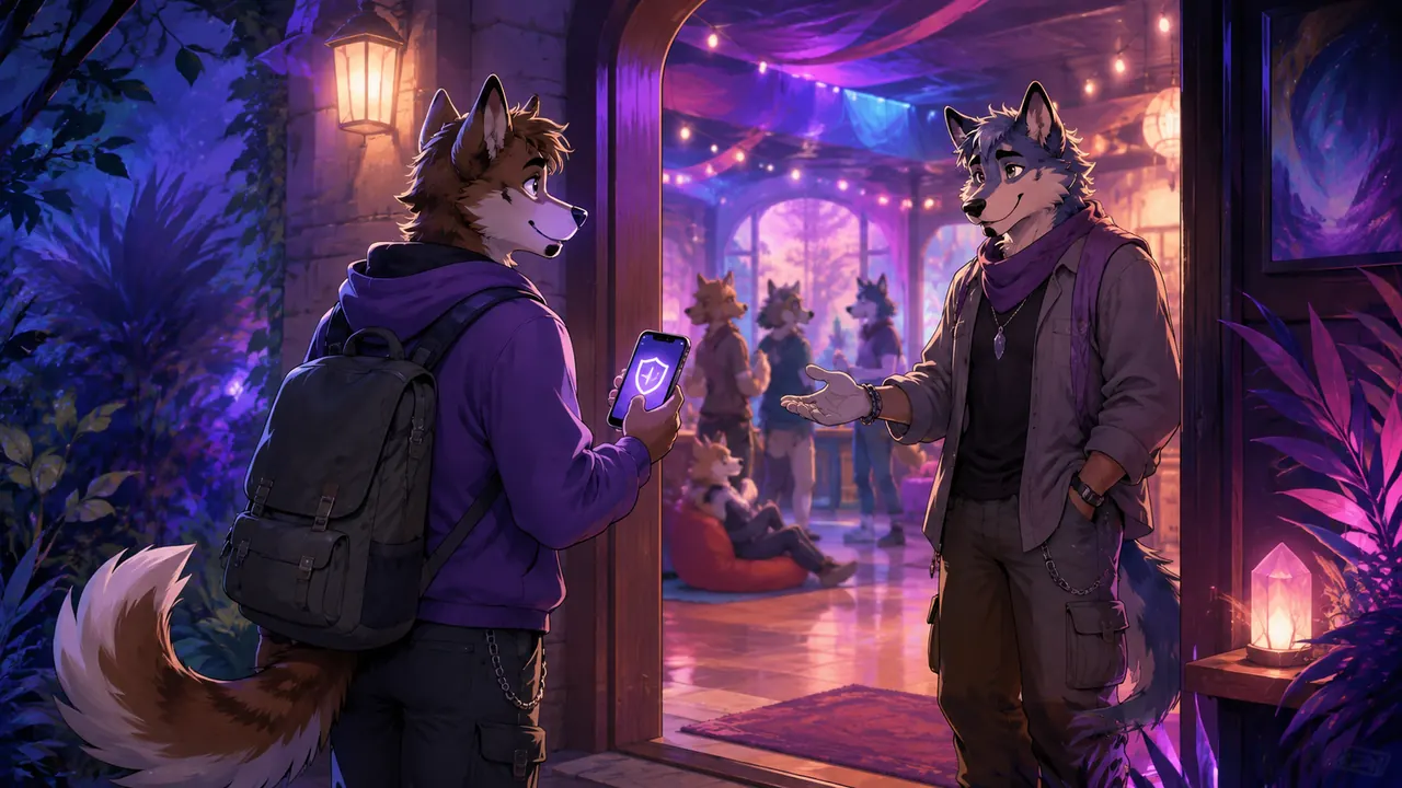 An illustrated adult canine newcomer checking privacy before a community introduction.