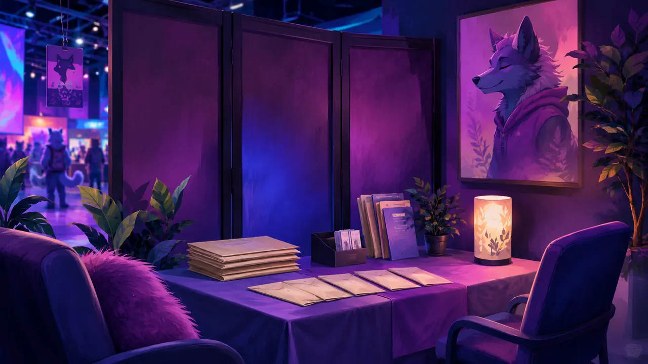 Private illustrated wellness desk with sealed envelopes and a screening partition.