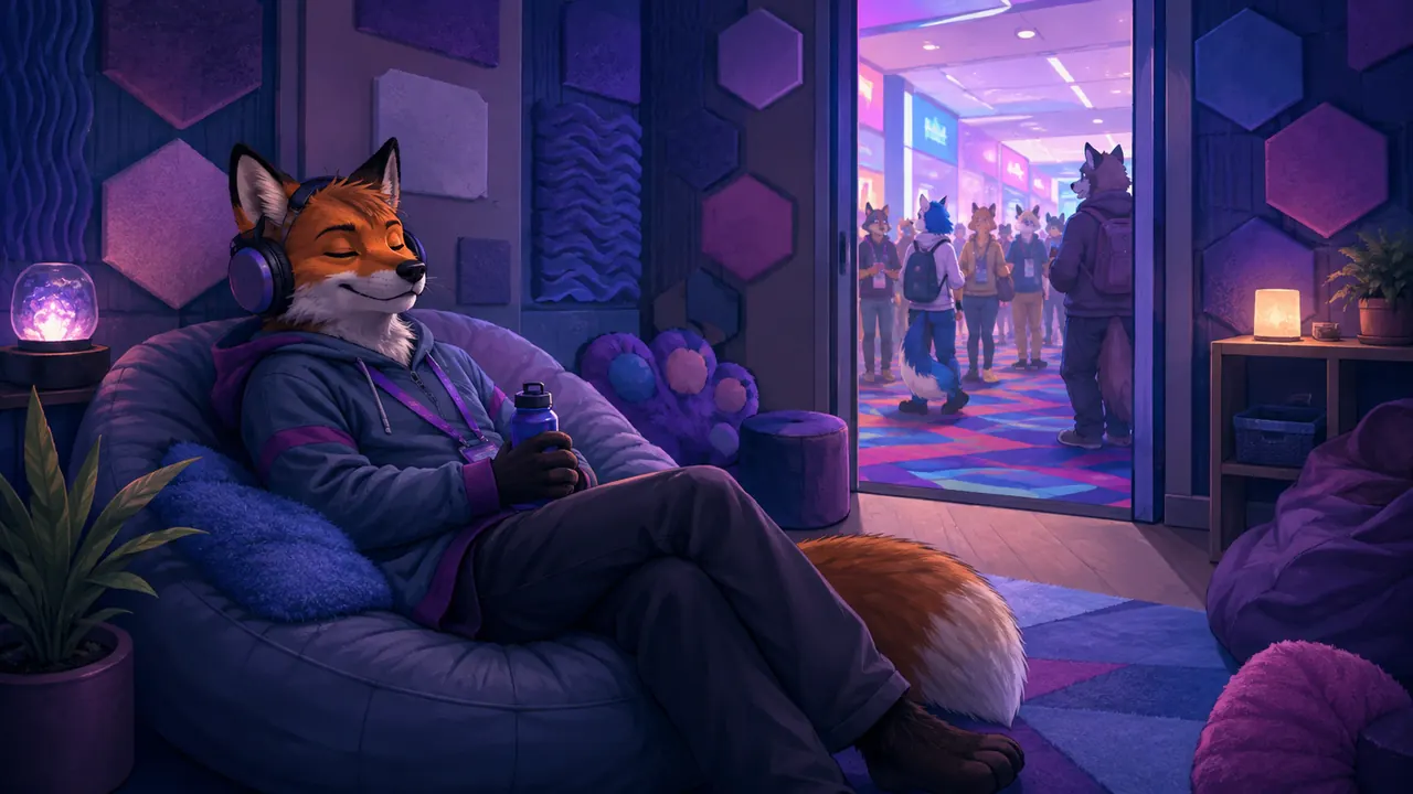 Illustrated quiet convention room with soft seating and ear defenders.