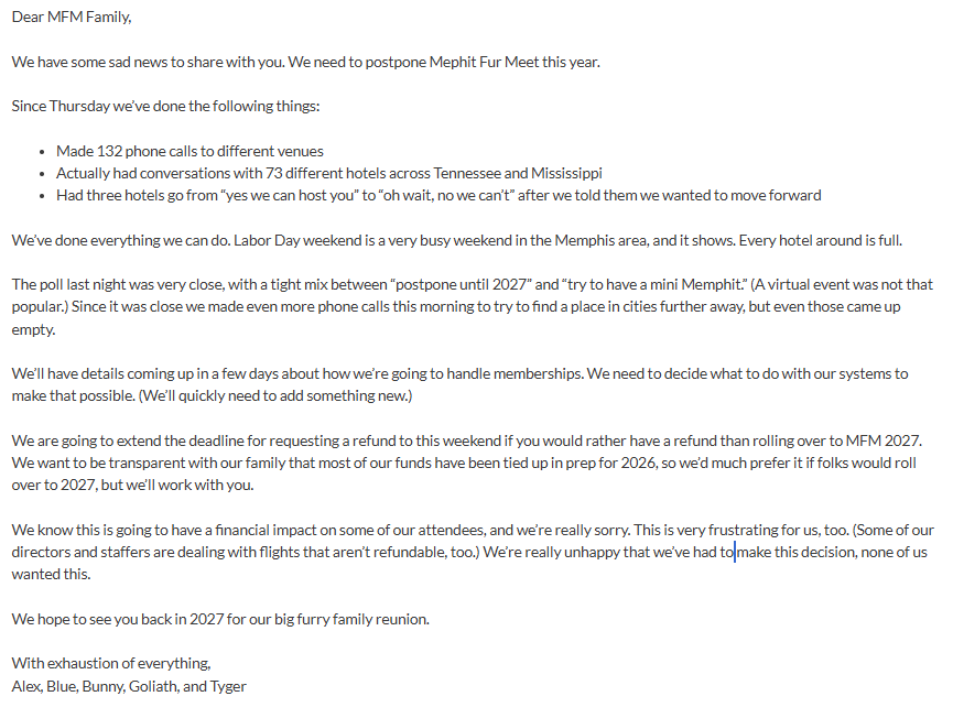 Screenshot of Mephit Fur Meet's official postponement announcement stating that the 2026 event must be postponed after an unsuccessful venue search.
