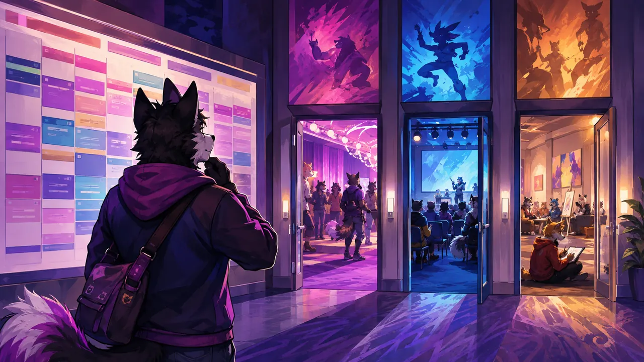An illustrated attendee choosing activities beside a color-block convention schedule.