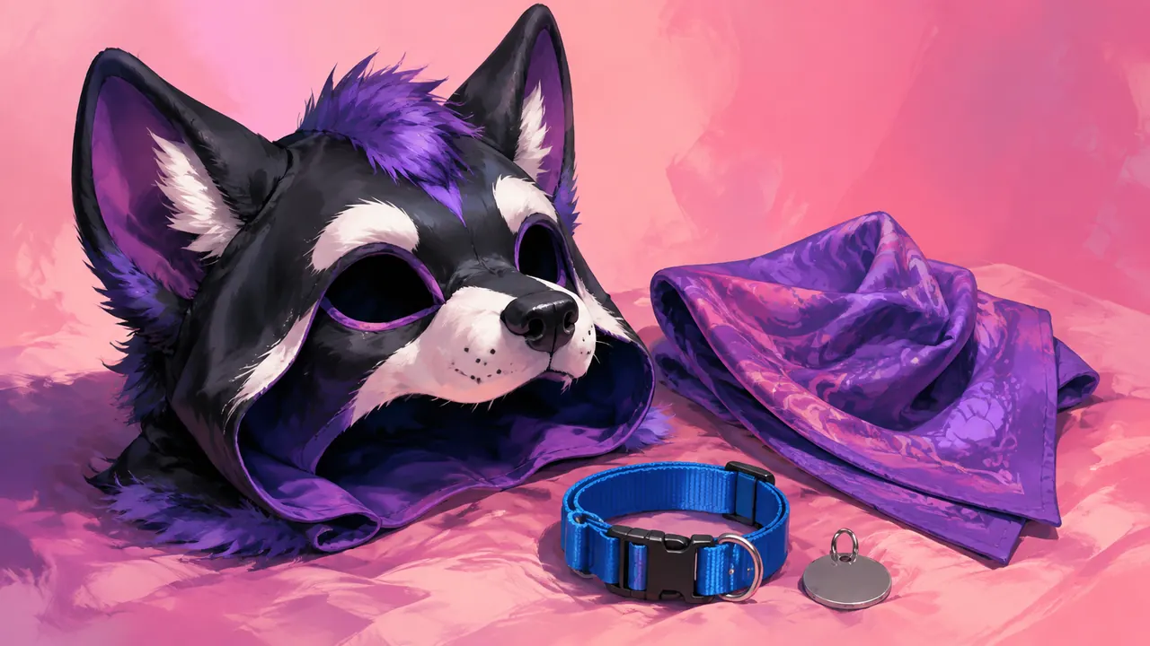 Illustrated canine costume hood, collar and bandana arranged as SFW accessories.