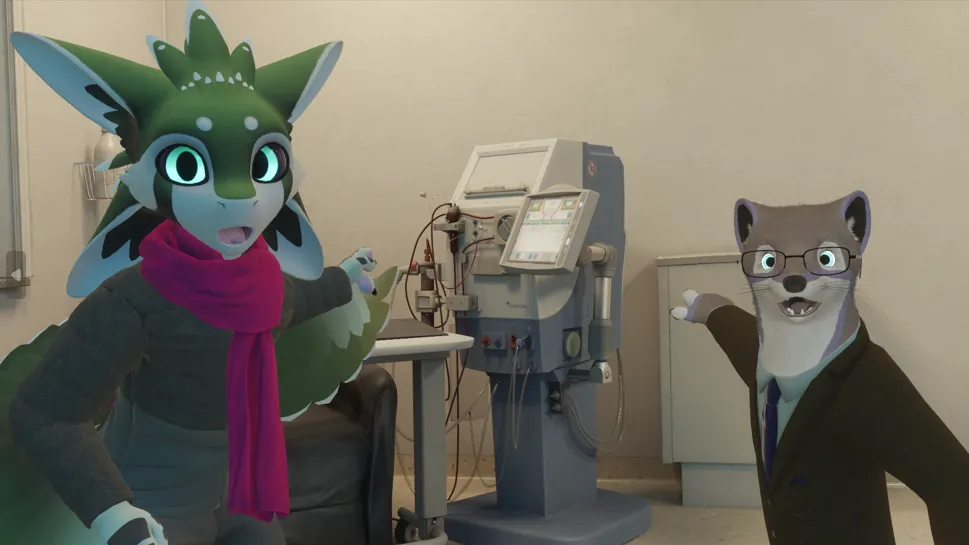 Two furry VR avatars in a hospital room, beside medical equipment.