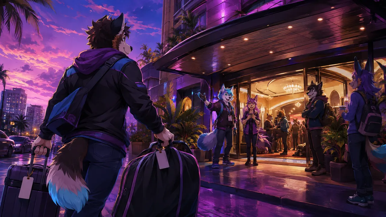An illustrated anthro traveler arriving for a convention weekend with costume luggage.