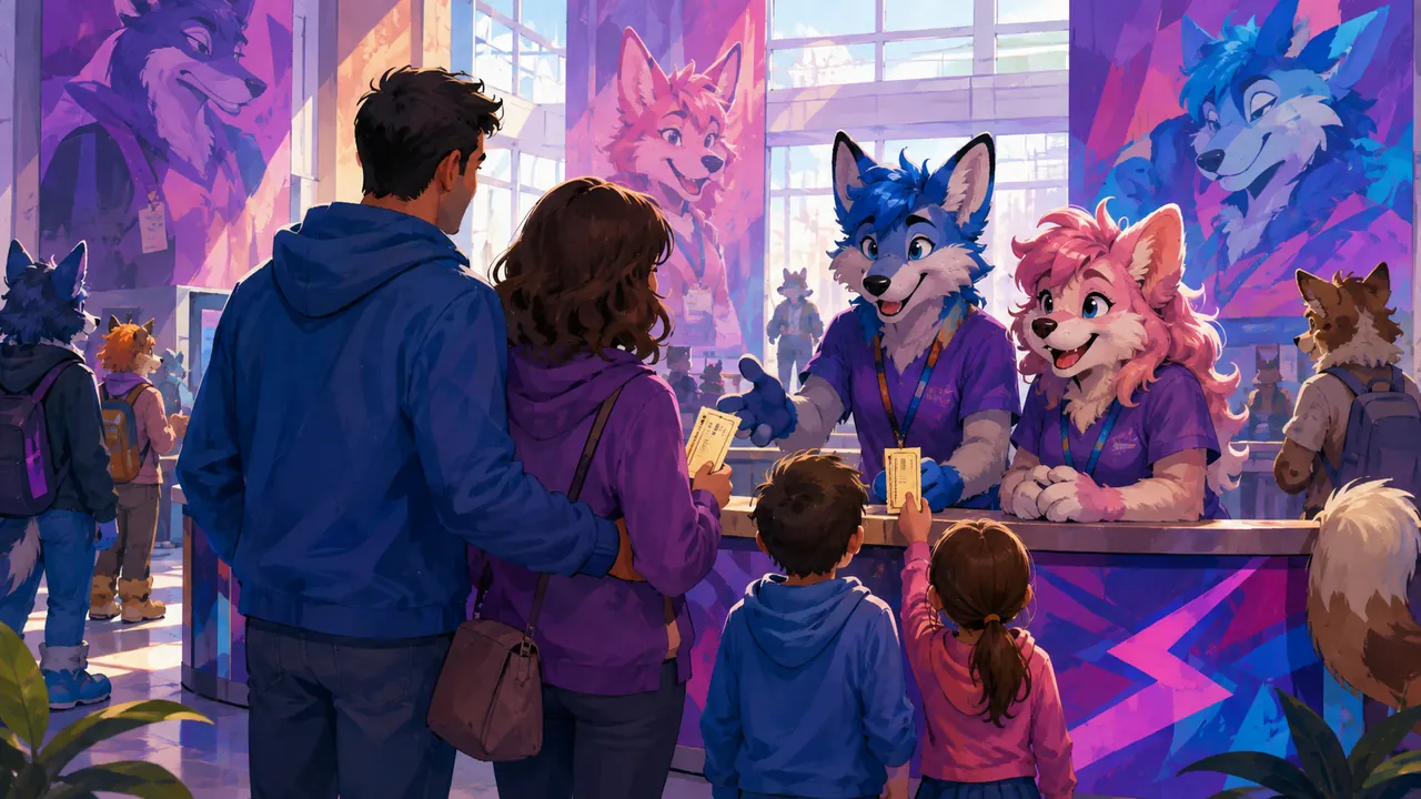 Illustrated family arriving at a daytime convention welcome counter.