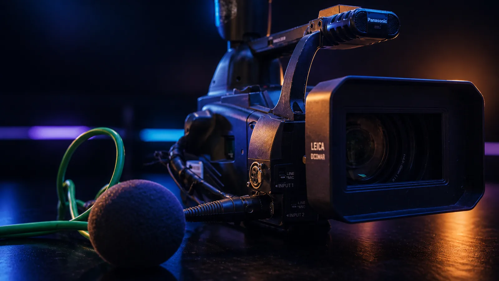 Close-up editorial image of a professional video camera and microphone, cropped and color-treated for Mello Zone coverage of reported documentary outreach to UK furries.