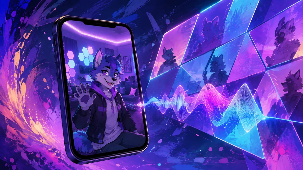 Illustrated mobile avatar with cel shading and audio-reactive virtual lighting.