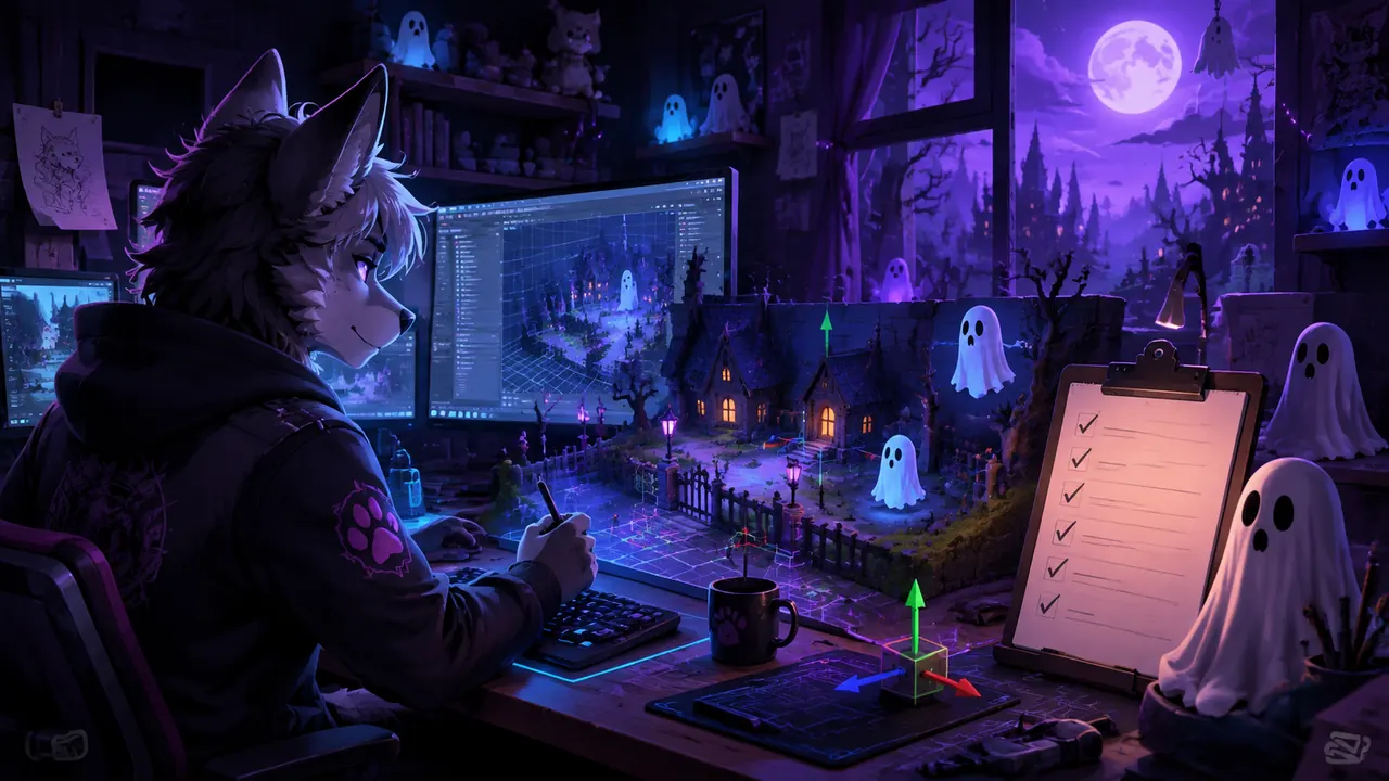 Illustrated creator checking a haunted virtual-world scene against a checklist.