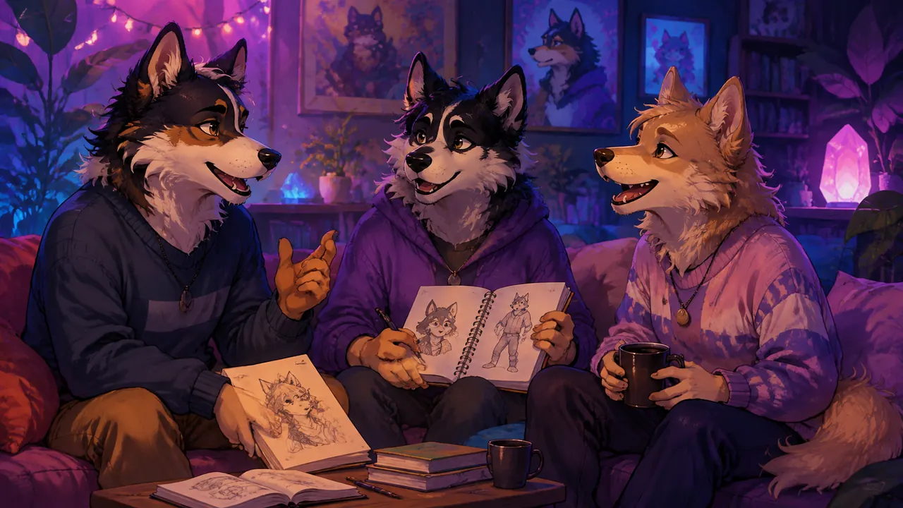 Three illustrated adult canine characters sharing conversation and sketchbooks.