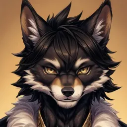 Gold-eyed black canine character representing Embers Wolf Den